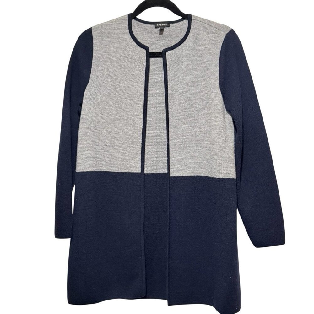Talbots Merino Wool Blend Gray Blue Open Long Womens Cardigan Sweater Size Large - Picture 4 of 10